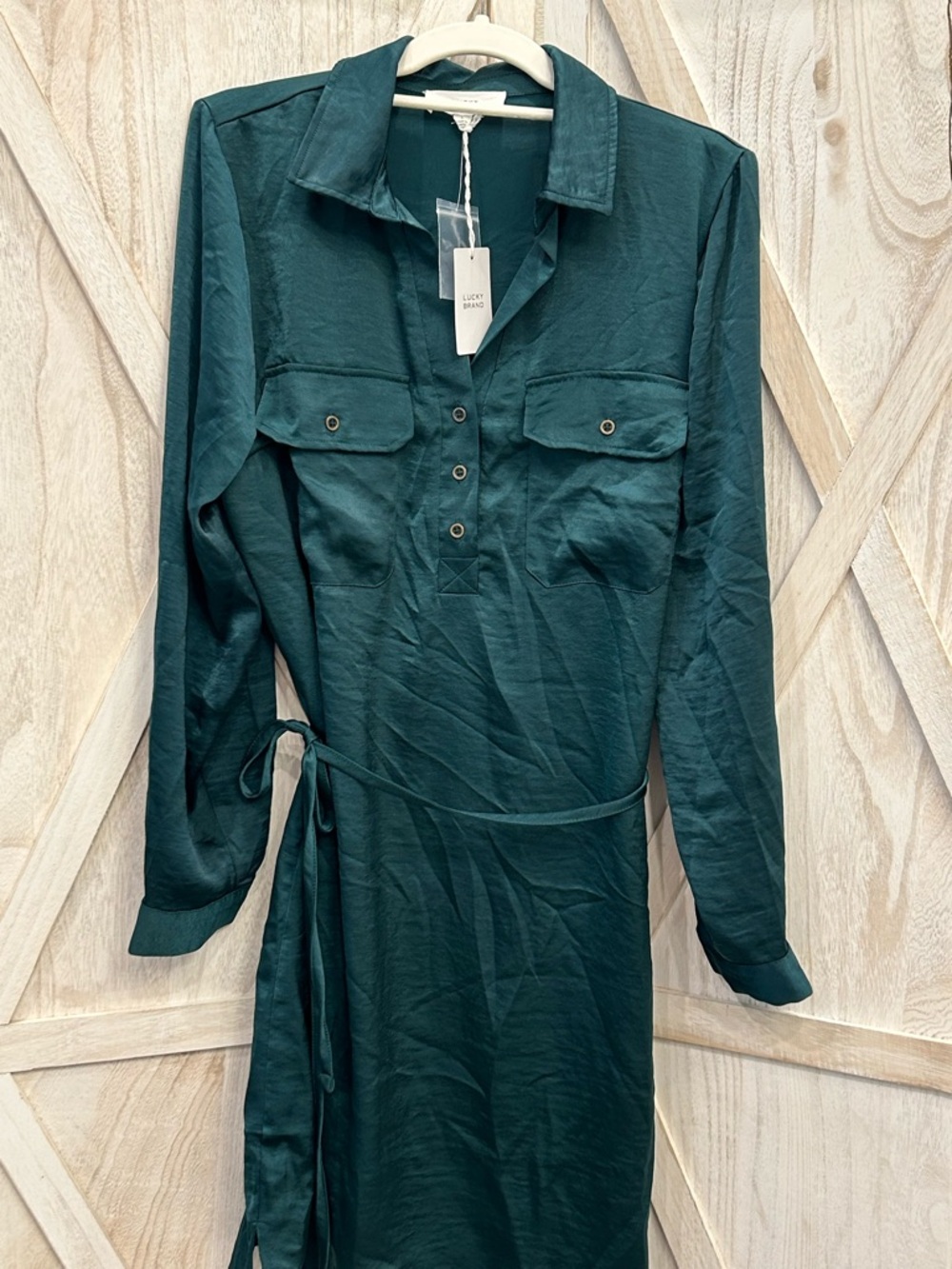 Lucky Brand Forest Green Long-Sleeve Shirt Dress with Tie